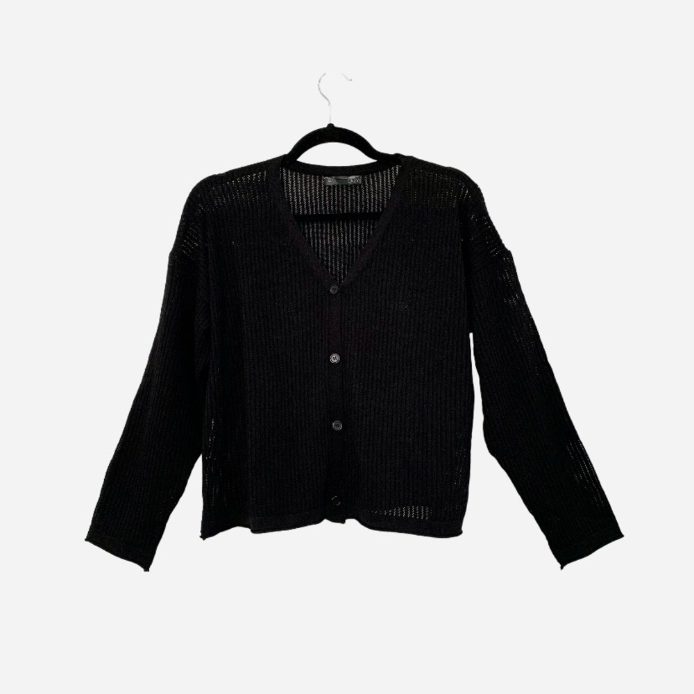 DAZY Women’s Black Ribbed Button-Down‎ Cardigan Semi Sheer V-Neck Long Sleeve L